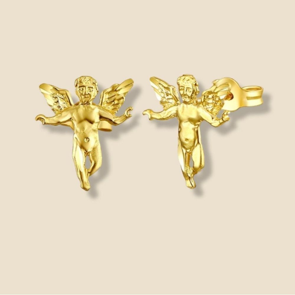 14k Yellow solid Gold Angel Stud Earrings (11 mm X 8 mm ) | Gift For Mother |